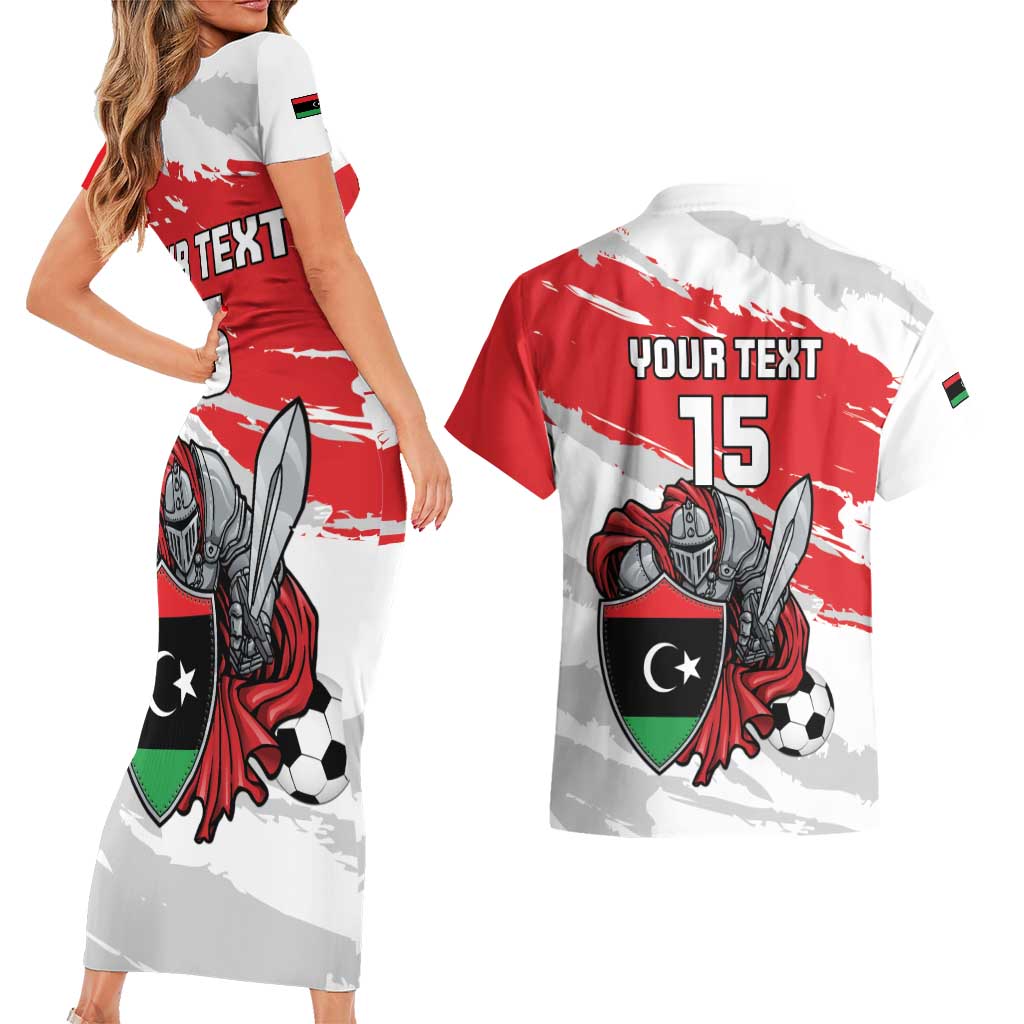 Custom Libya Football Couples Matching Short Sleeve Bodycon Dress and Hawaiian Shirt Yalla Fursan Al-Mutawasit