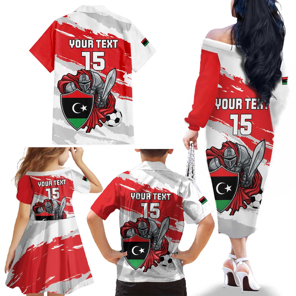 Custom Libya Football Family Matching Off The Shoulder Long Sleeve Dress and Hawaiian Shirt Yalla Fursan Al-Mutawasit