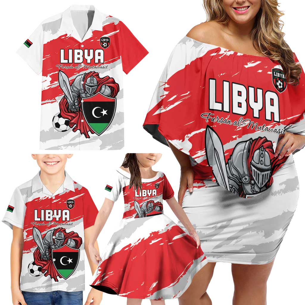 Custom Libya Football Family Matching Off Shoulder Short Dress and Hawaiian Shirt Yalla Fursan Al-Mutawasit