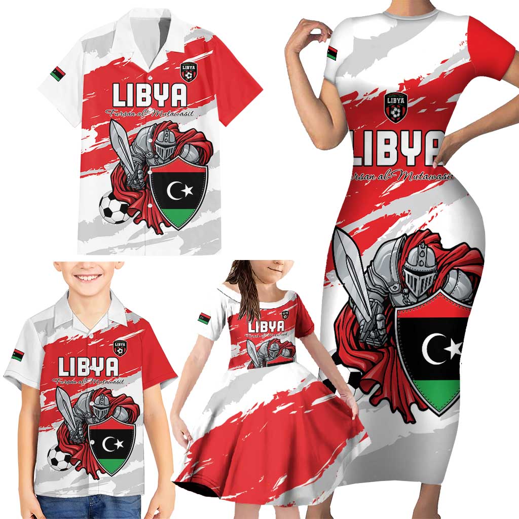 Custom Libya Football Family Matching Short Sleeve Bodycon Dress and Hawaiian Shirt Yalla Fursan Al-Mutawasit