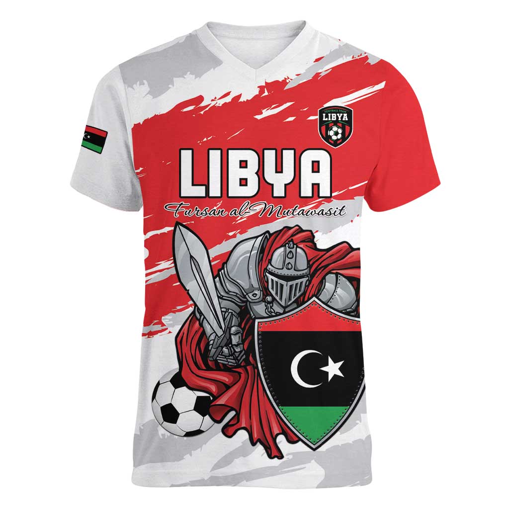 Custom Libya Football Women V-Neck T-Shirt Yalla Fursan Al-Mutawasit