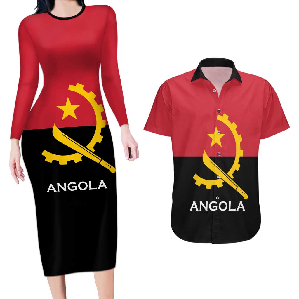 Angola Country Flag Couples Matching Long Sleeve Bodycon Dress and Hawaiian Shirt Virtus Unita Fortior