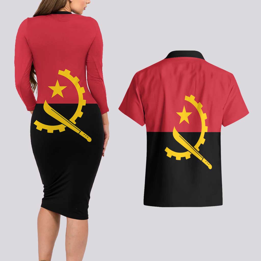 Angola Country Flag Couples Matching Long Sleeve Bodycon Dress and Hawaiian Shirt Virtus Unita Fortior
