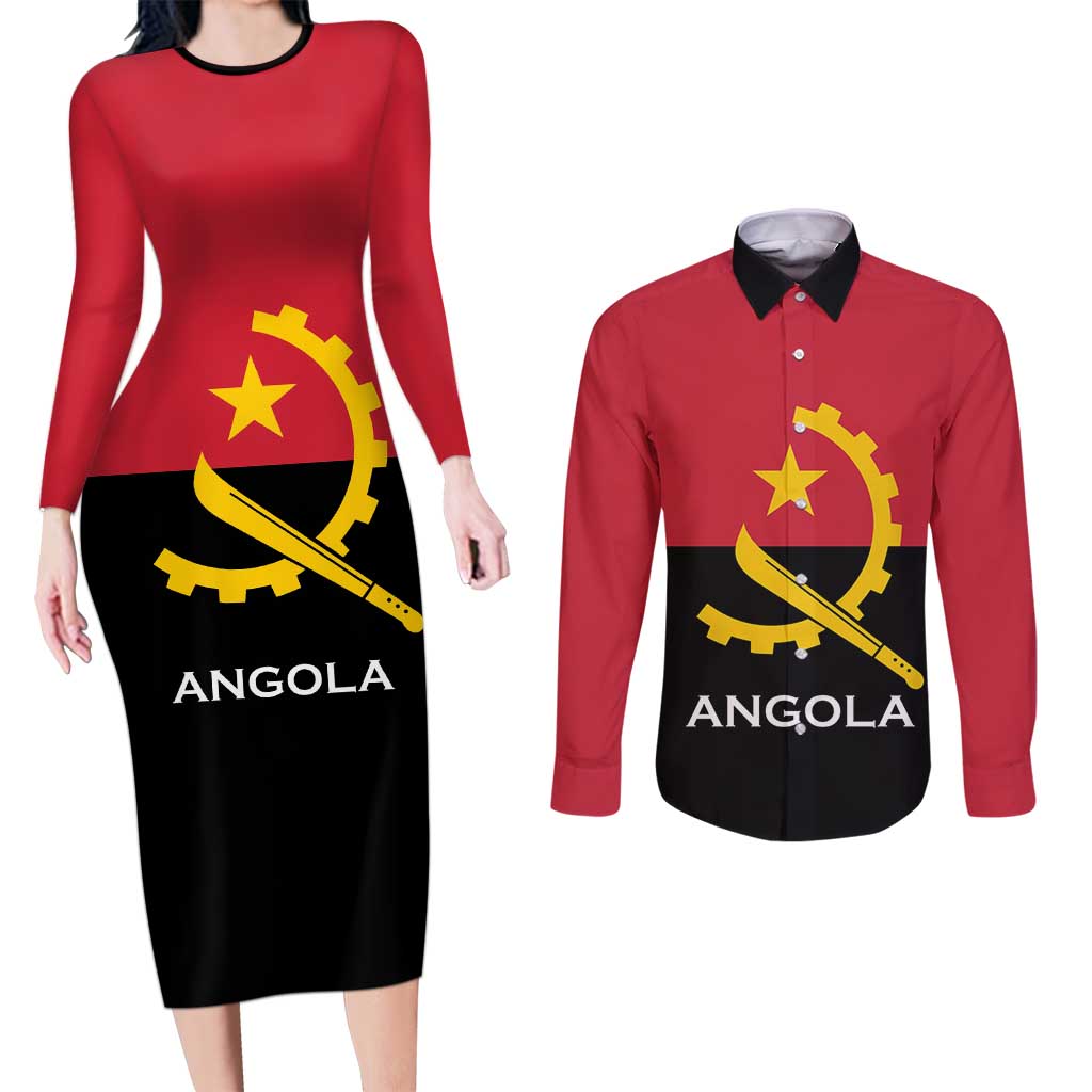 Angola Country Flag Couples Matching Long Sleeve Bodycon Dress and Long Sleeve Button Shirt Virtus Unita Fortior
