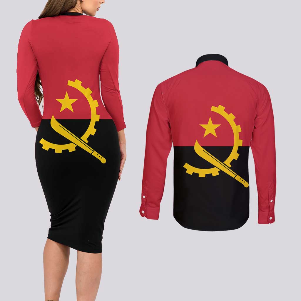 Angola Country Flag Couples Matching Long Sleeve Bodycon Dress and Long Sleeve Button Shirt Virtus Unita Fortior