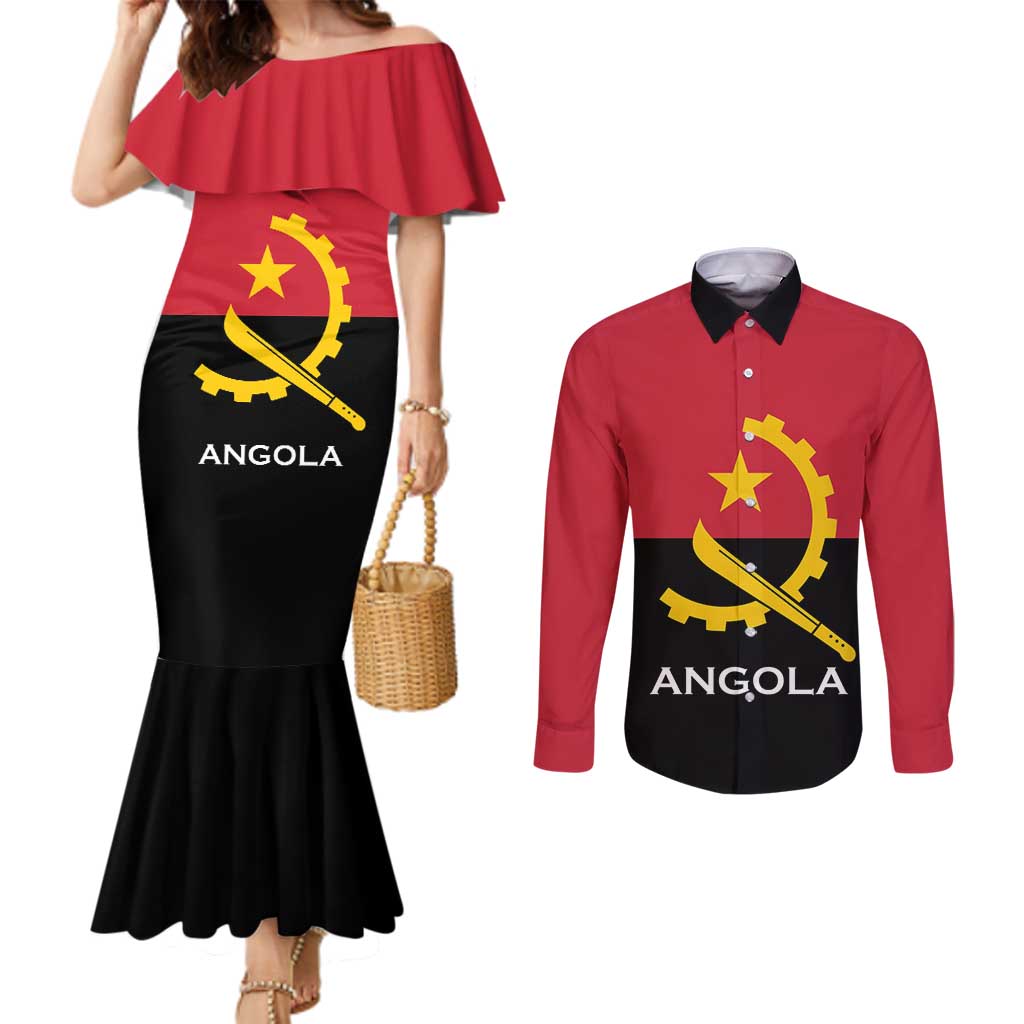 Angola Country Flag Couples Matching Mermaid Dress and Long Sleeve Button Shirt Virtus Unita Fortior