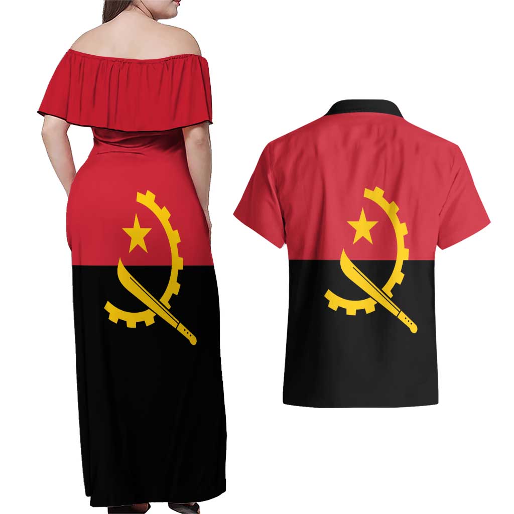 Angola Country Flag Couples Matching Off Shoulder Maxi Dress and Hawaiian Shirt Virtus Unita Fortior