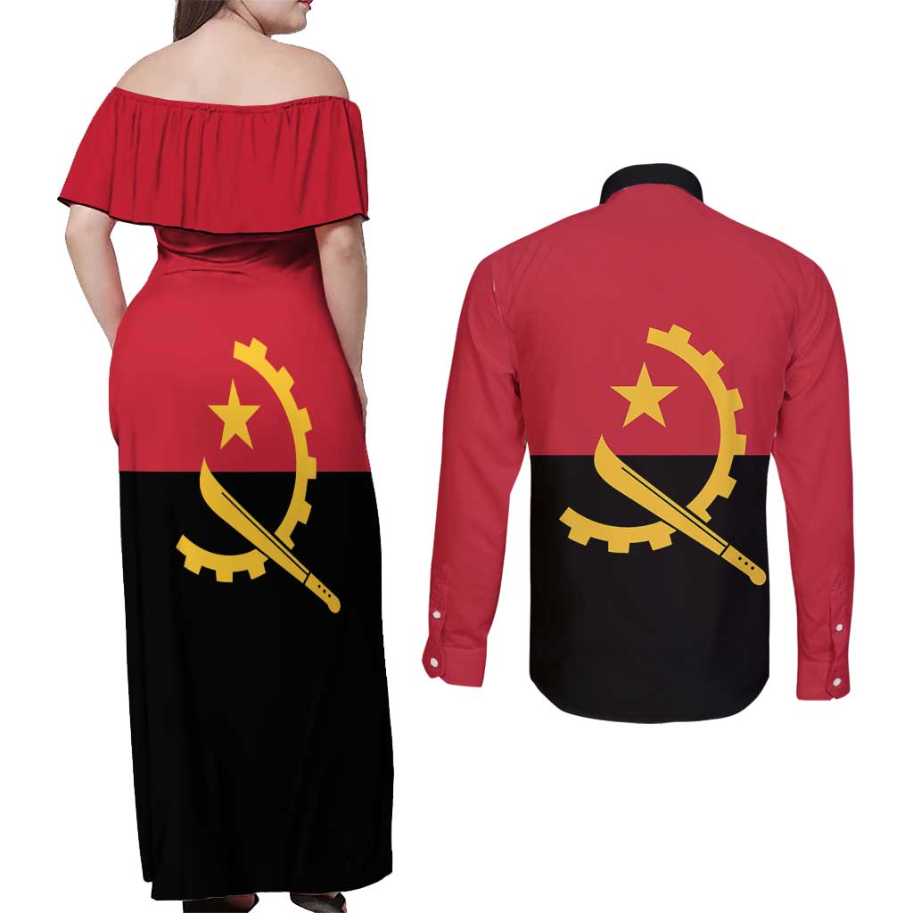 Angola Country Flag Couples Matching Off Shoulder Maxi Dress and Long Sleeve Button Shirt Virtus Unita Fortior