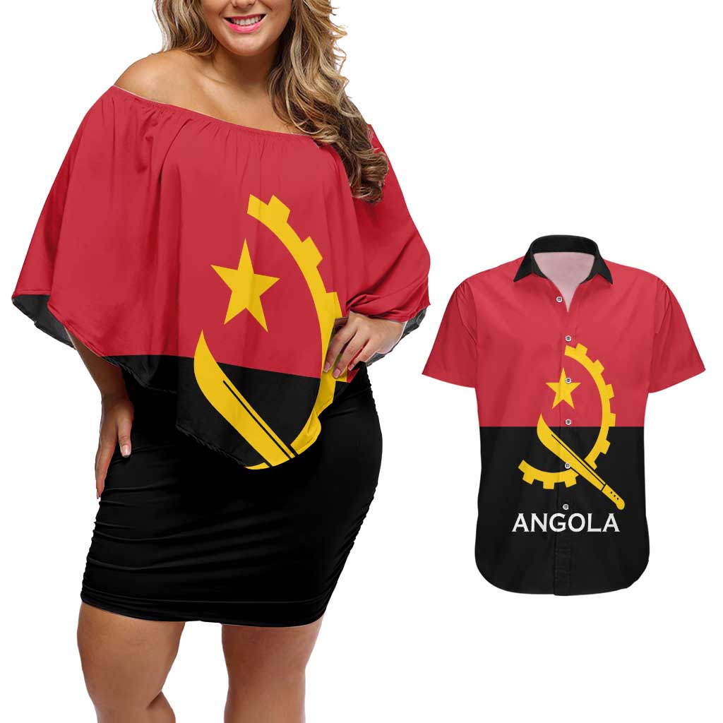 Angola Country Flag Couples Matching Off Shoulder Short Dress and Hawaiian Shirt Virtus Unita Fortior