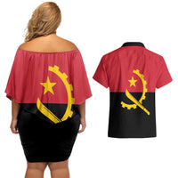 Angola Country Flag Couples Matching Off Shoulder Short Dress and Hawaiian Shirt Virtus Unita Fortior