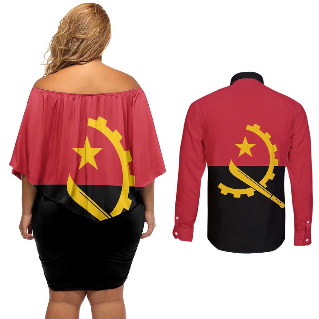 Angola Country Flag Couples Matching Off Shoulder Short Dress and Long Sleeve Button Shirt Virtus Unita Fortior