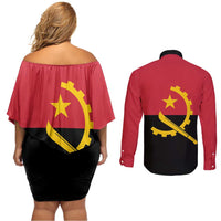 Angola Country Flag Couples Matching Off Shoulder Short Dress and Long Sleeve Button Shirt Virtus Unita Fortior