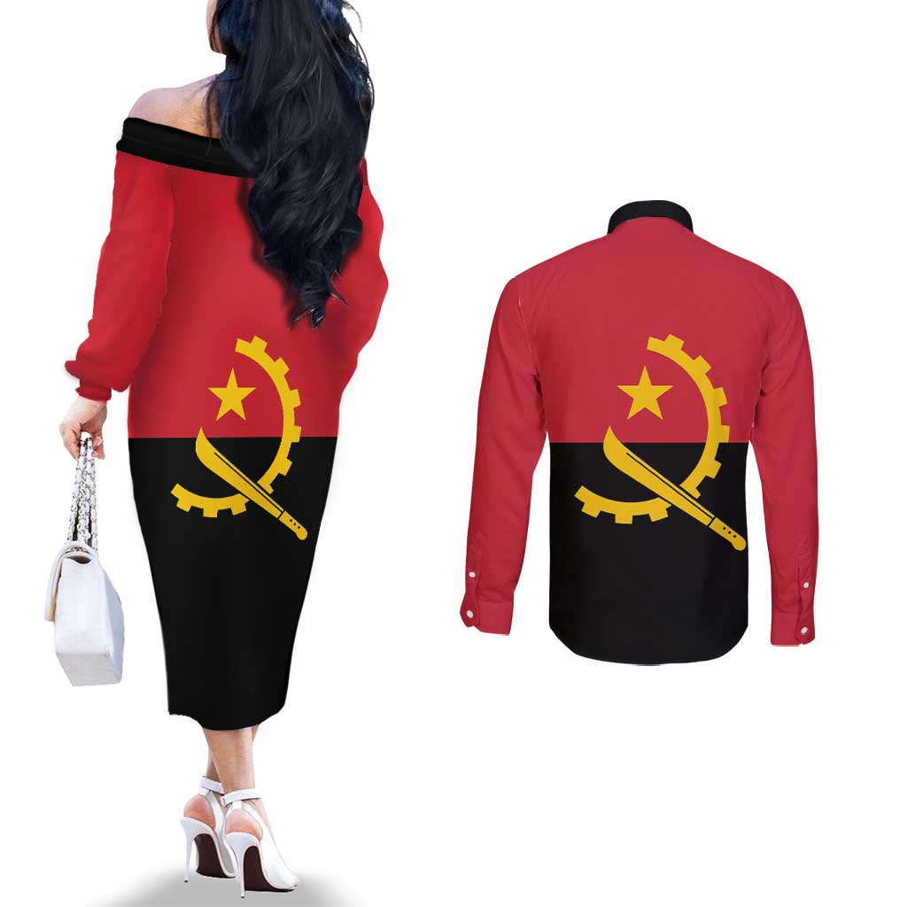 Angola Country Flag Couples Matching Off The Shoulder Long Sleeve Dress and Long Sleeve Button Shirt Virtus Unita Fortior