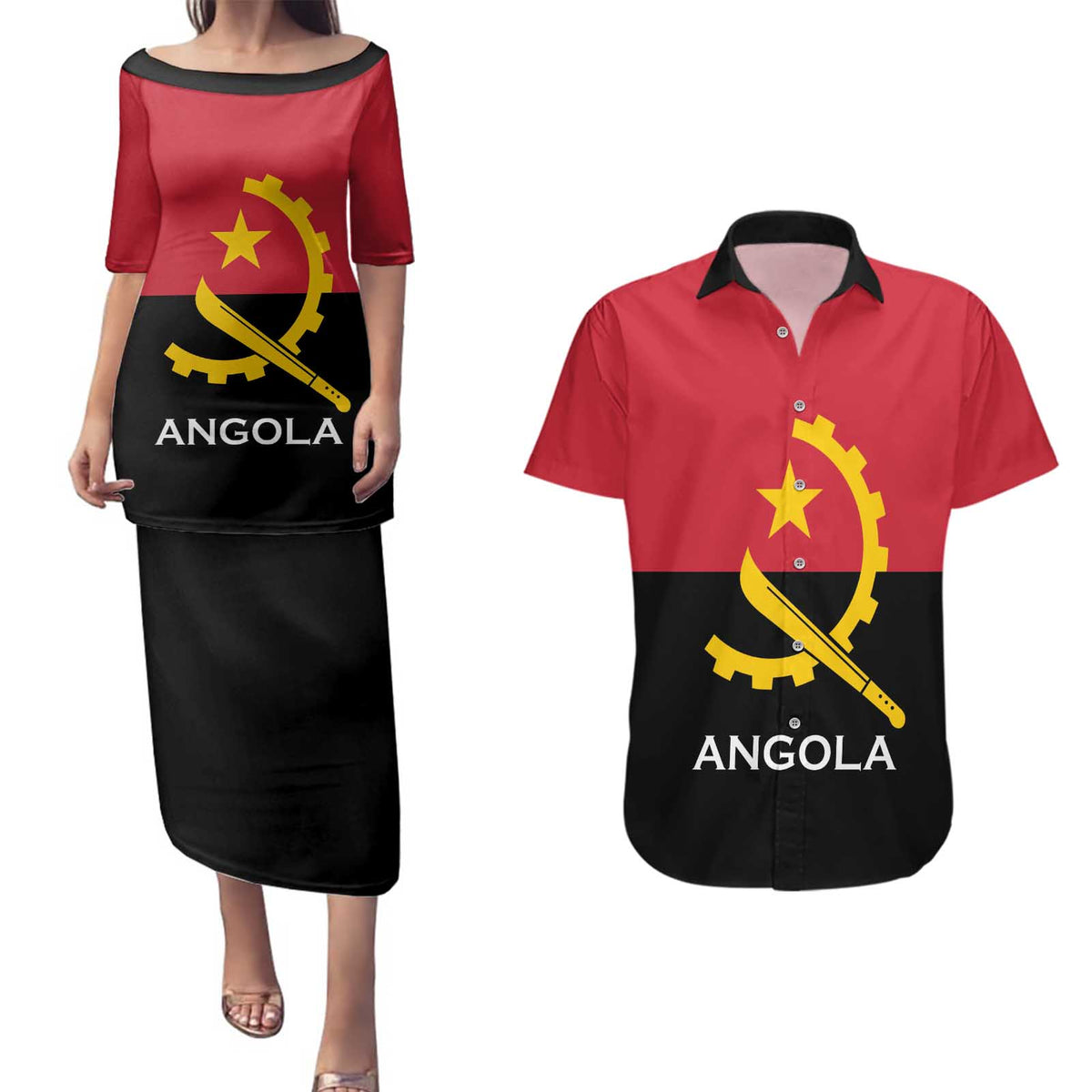 Angola Country Flag Couples Matching Puletasi and Hawaiian Shirt Virtus Unita Fortior