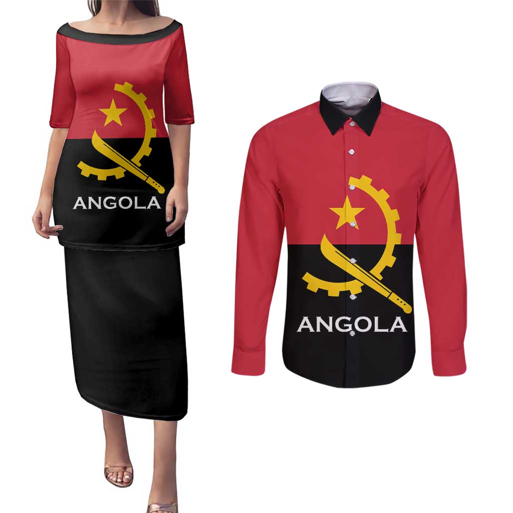 Angola Country Flag Couples Matching Puletasi and Long Sleeve Button Shirt Virtus Unita Fortior