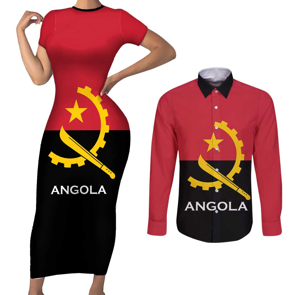 Angola Country Flag Couples Matching Short Sleeve Bodycon Dress and Long Sleeve Button Shirt Virtus Unita Fortior