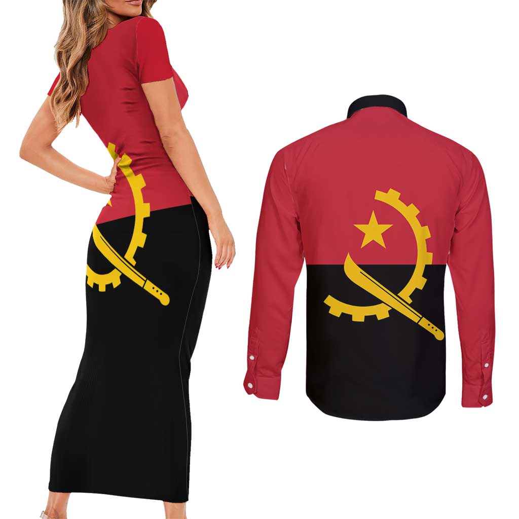 Angola Country Flag Couples Matching Short Sleeve Bodycon Dress and Long Sleeve Button Shirt Virtus Unita Fortior