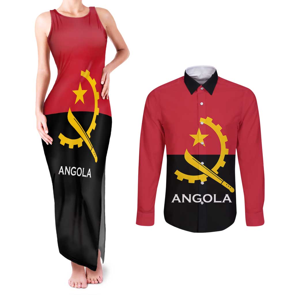 Angola Country Flag Couples Matching Tank Maxi Dress and Long Sleeve Button Shirt Virtus Unita Fortior