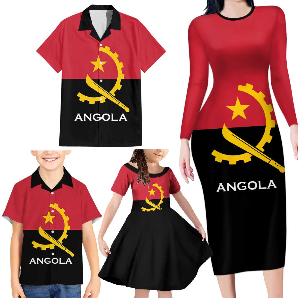 Angola Country Flag Family Matching Long Sleeve Bodycon Dress and Hawaiian Shirt Virtus Unita Fortior