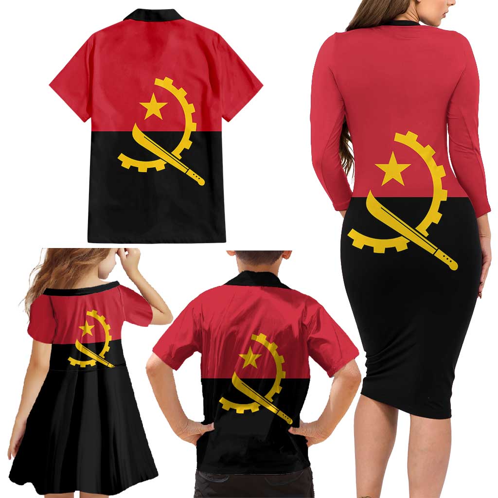Angola Country Flag Family Matching Long Sleeve Bodycon Dress and Hawaiian Shirt Virtus Unita Fortior