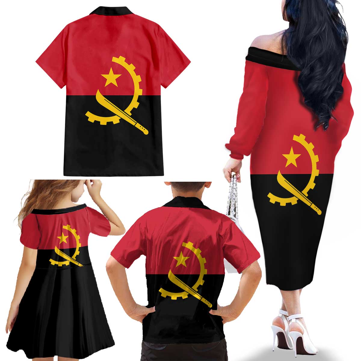 Angola Country Flag Family Matching Off The Shoulder Long Sleeve Dress and Hawaiian Shirt Virtus Unita Fortior