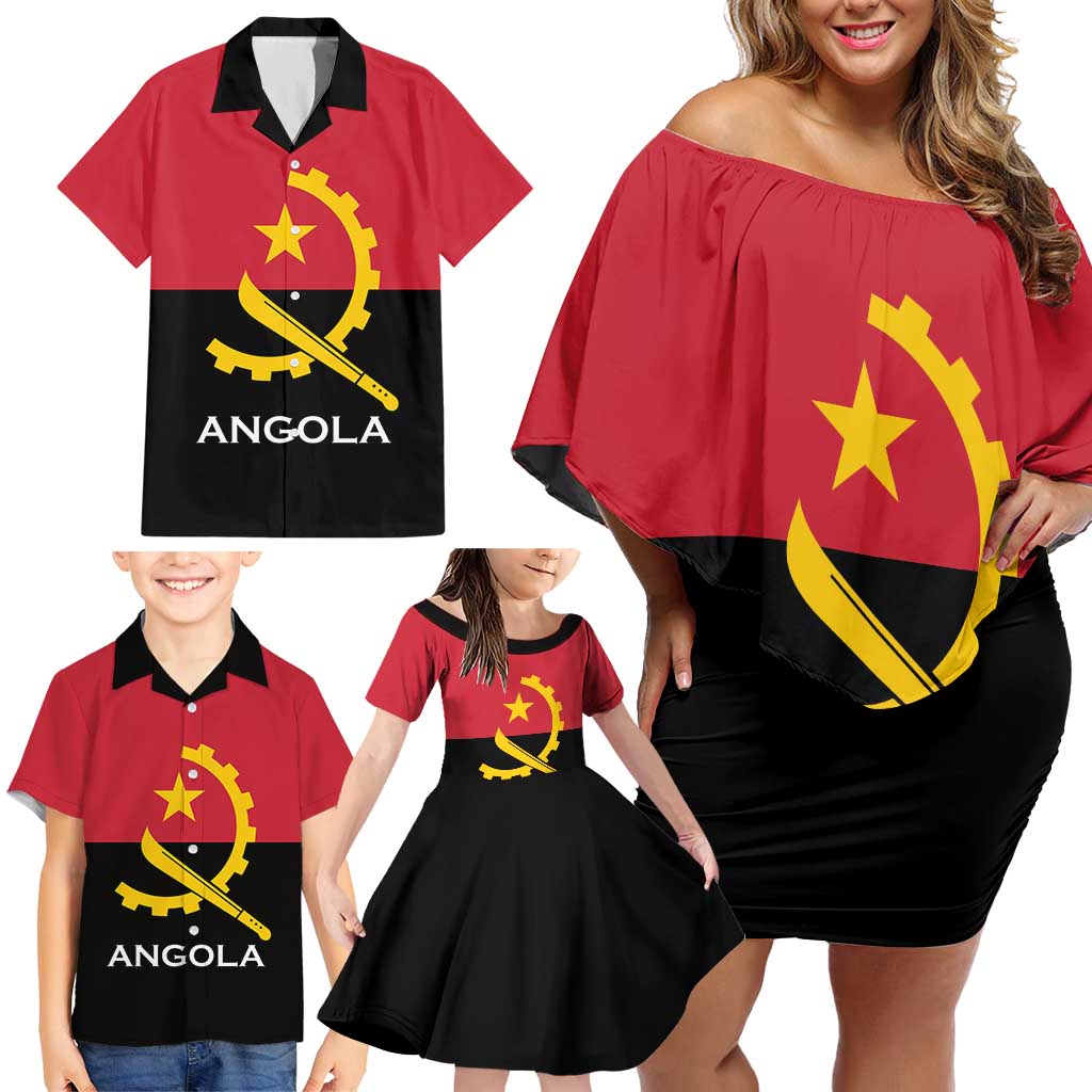 Angola Country Flag Family Matching Off Shoulder Short Dress and Hawaiian Shirt Virtus Unita Fortior