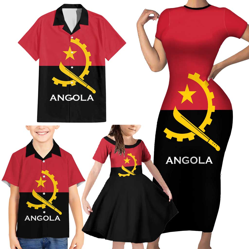 Angola Country Flag Family Matching Short Sleeve Bodycon Dress and Hawaiian Shirt Virtus Unita Fortior