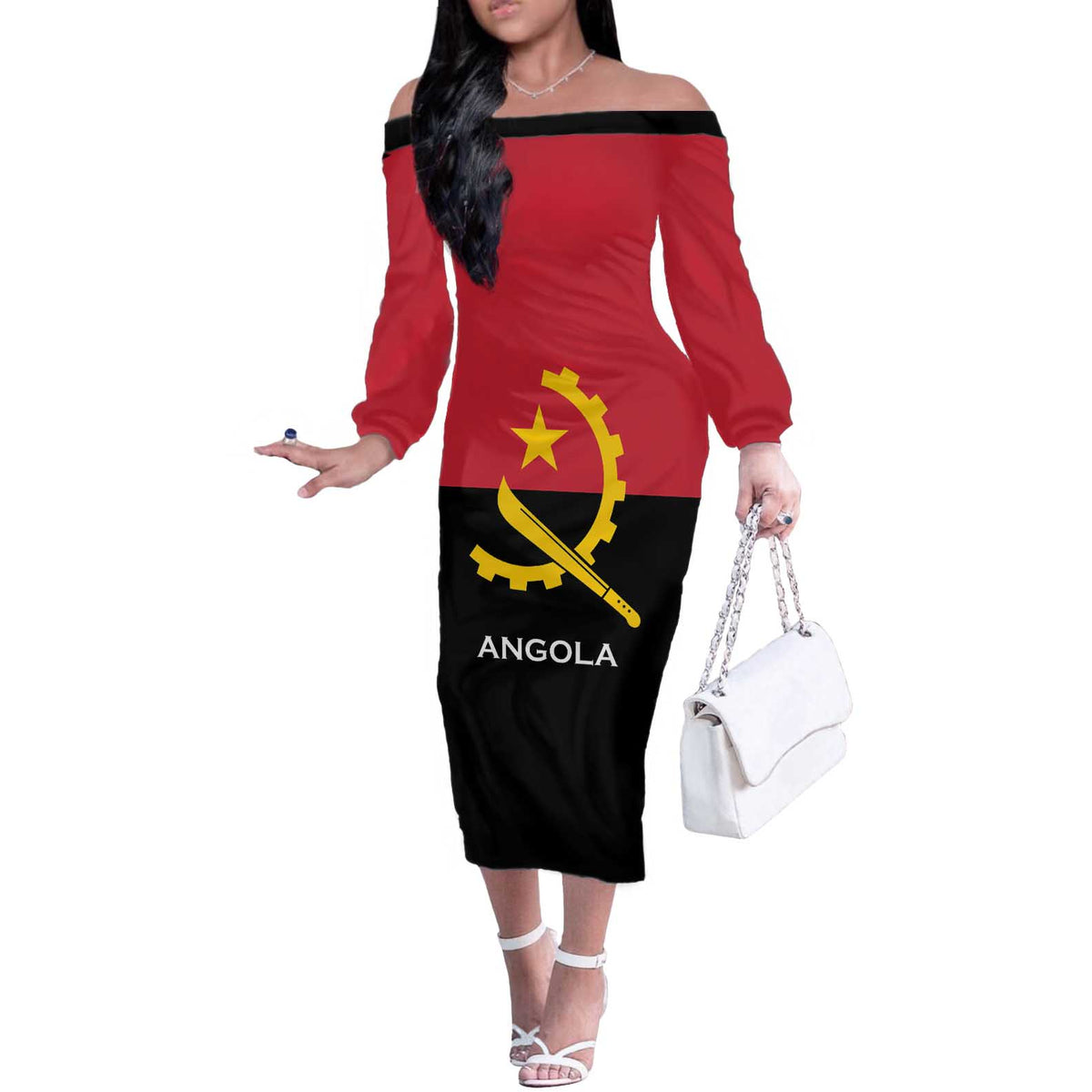 Angola Country Flag Off The Shoulder Long Sleeve Dress Virtus Unita Fortior