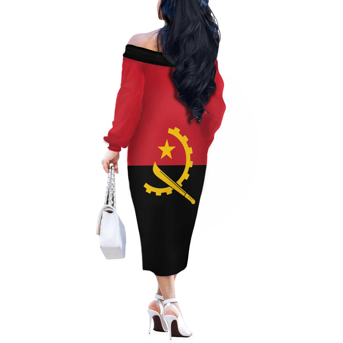 Angola Country Flag Off The Shoulder Long Sleeve Dress Virtus Unita Fortior