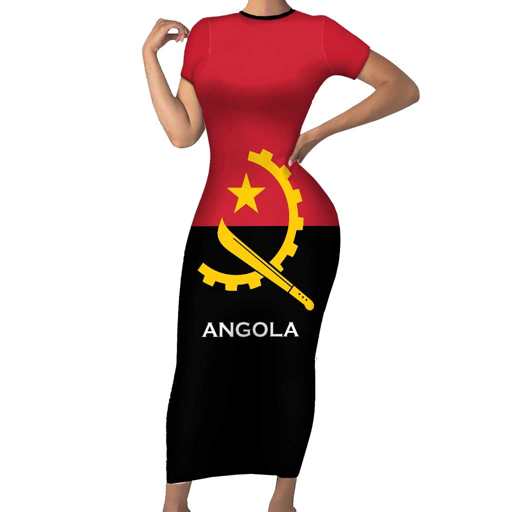 Angola Country Flag Short Sleeve Bodycon Dress Virtus Unita Fortior