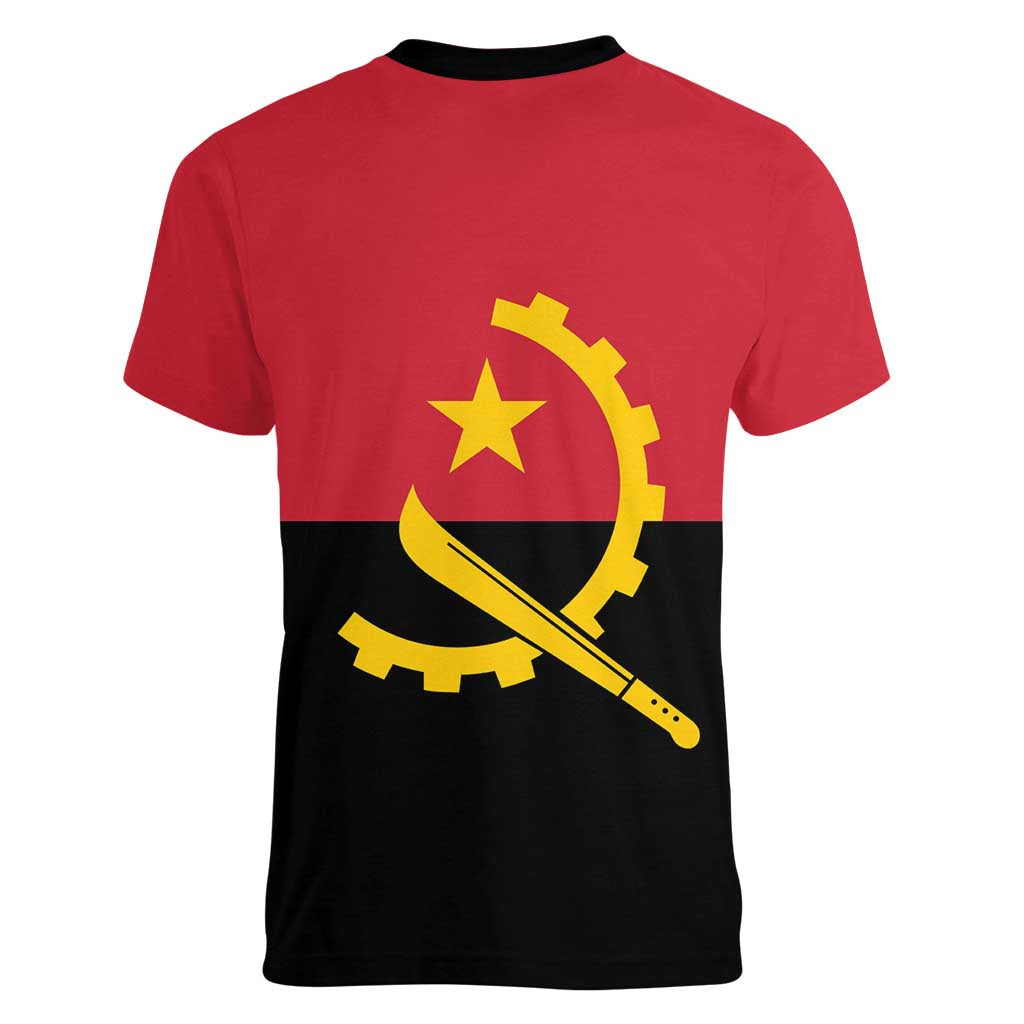 Angola Country Flag Women V-Neck T-Shirt Virtus Unita Fortior
