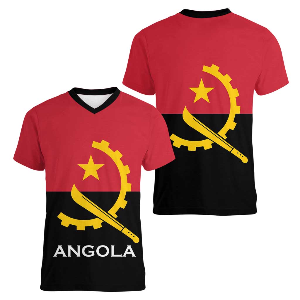 Angola Country Flag Women V-Neck T-Shirt Virtus Unita Fortior