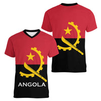 Angola Country Flag Women V-Neck T-Shirt Virtus Unita Fortior
