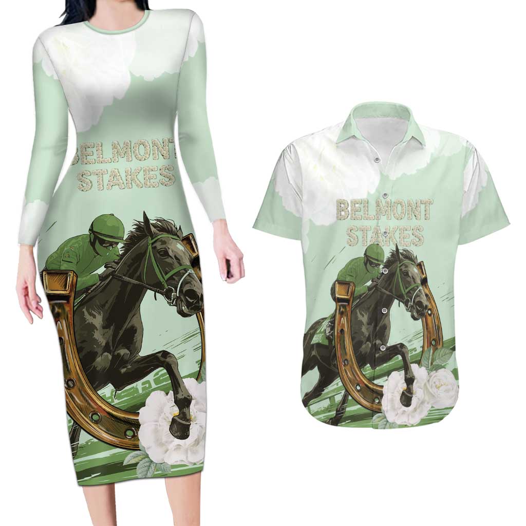158th Anniversary Belmont Horse Racing Couples Matching Long Sleeve Bodycon Dress and Hawaiian Shirt Run for the Carnations
