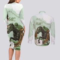 158th Anniversary Belmont Horse Racing Couples Matching Long Sleeve Bodycon Dress and Long Sleeve Button Shirt Run for the Carnations