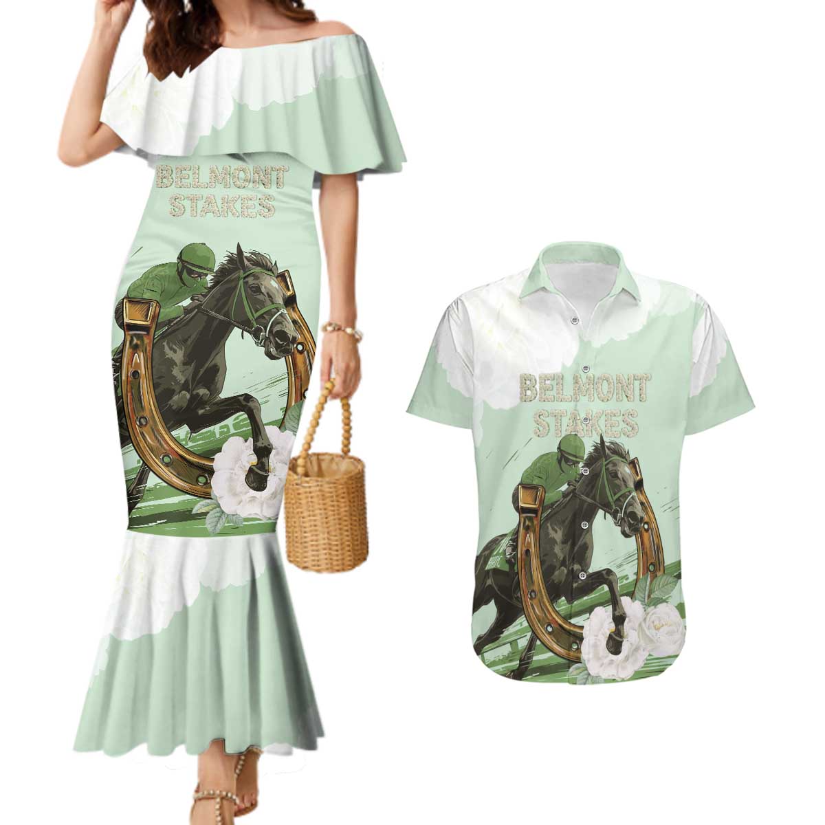 158th Anniversary Belmont Horse Racing Couples Matching Mermaid Dress and Hawaiian Shirt Run for the Carnations