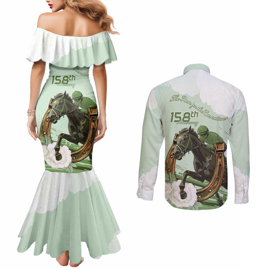 158th Anniversary Belmont Horse Racing Couples Matching Mermaid Dress and Long Sleeve Button Shirt Run for the Carnations