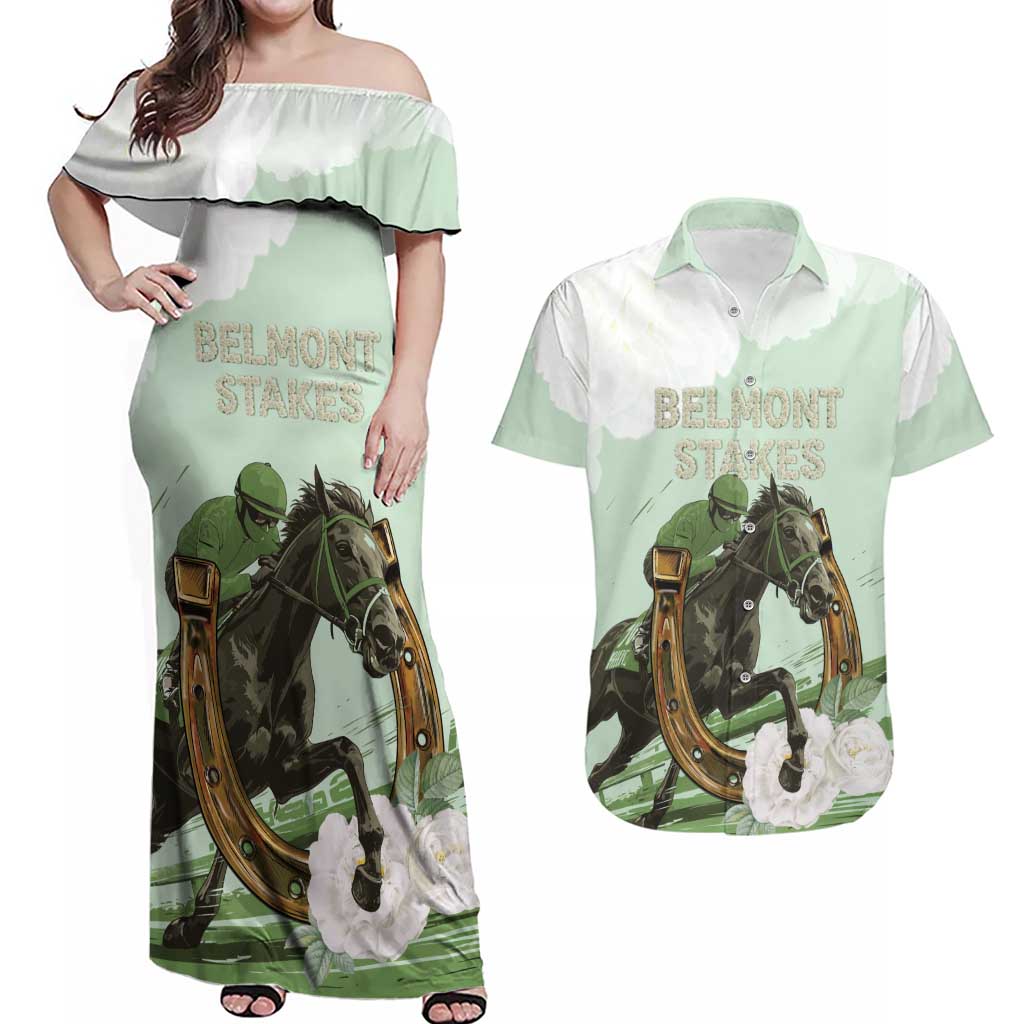 158th Anniversary Belmont Horse Racing Couples Matching Off Shoulder Maxi Dress and Hawaiian Shirt Run for the Carnations