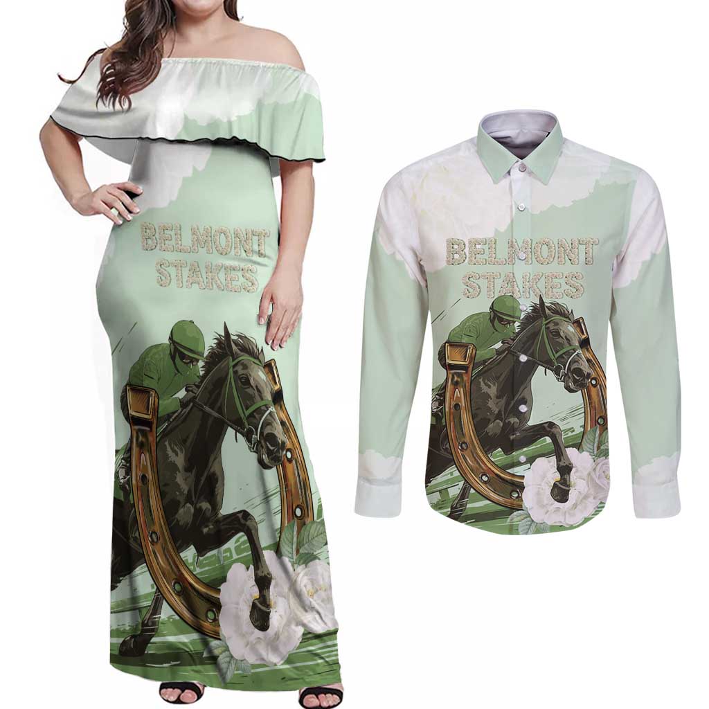 158th Anniversary Belmont Horse Racing Couples Matching Off Shoulder Maxi Dress and Long Sleeve Button Shirt Run for the Carnations