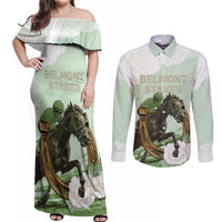 158th Anniversary Belmont Horse Racing Couples Matching Off Shoulder Maxi Dress and Long Sleeve Button Shirt Run for the Carnations
