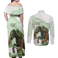 158th Anniversary Belmont Horse Racing Couples Matching Off Shoulder Maxi Dress and Long Sleeve Button Shirt Run for the Carnations