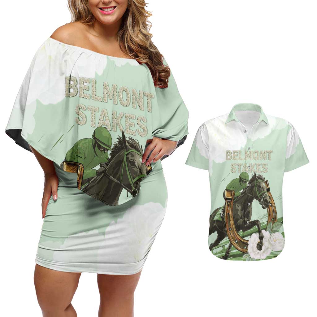 158th Anniversary Belmont Horse Racing Couples Matching Off Shoulder Short Dress and Hawaiian Shirt Run for the Carnations