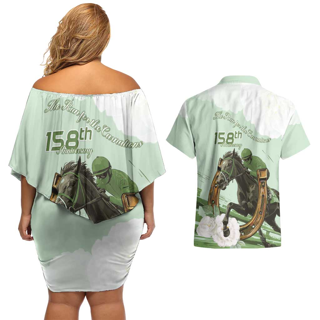 158th Anniversary Belmont Horse Racing Couples Matching Off Shoulder Short Dress and Hawaiian Shirt Run for the Carnations
