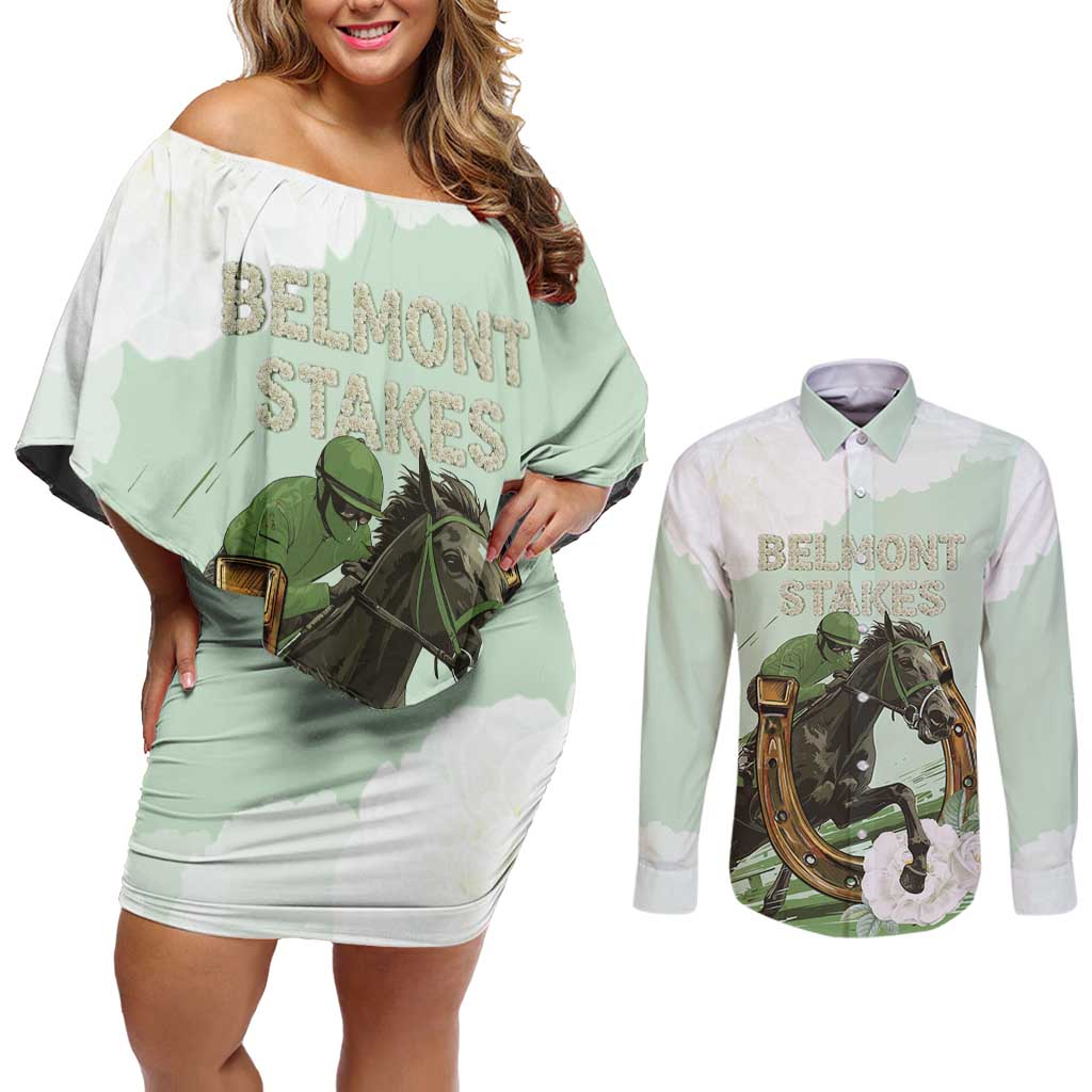 158th Anniversary Belmont Horse Racing Couples Matching Off Shoulder Short Dress and Long Sleeve Button Shirt Run for the Carnations