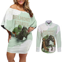 158th Anniversary Belmont Horse Racing Couples Matching Off Shoulder Short Dress and Long Sleeve Button Shirt Run for the Carnations
