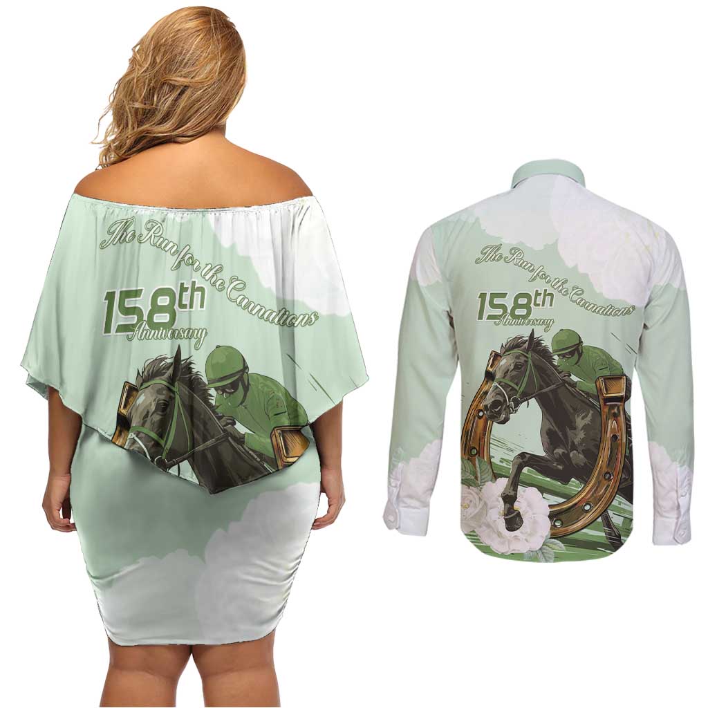 158th Anniversary Belmont Horse Racing Couples Matching Off Shoulder Short Dress and Long Sleeve Button Shirt Run for the Carnations