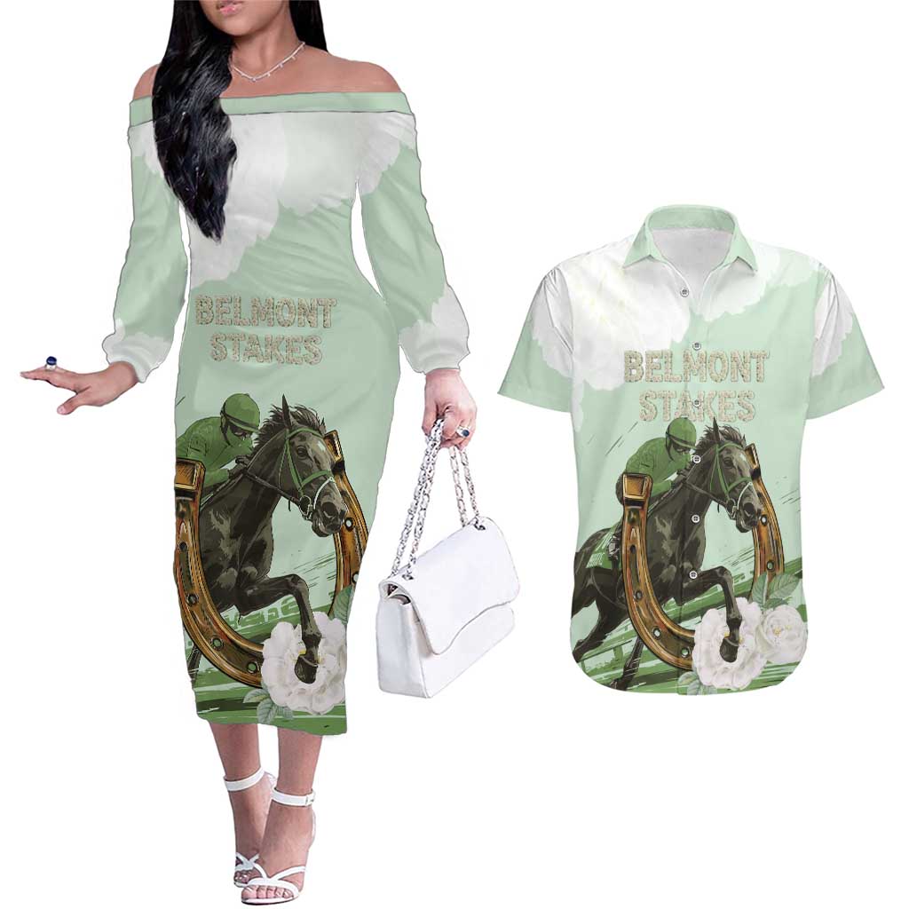 158th Anniversary Belmont Horse Racing Couples Matching Off The Shoulder Long Sleeve Dress and Hawaiian Shirt Run for the Carnations