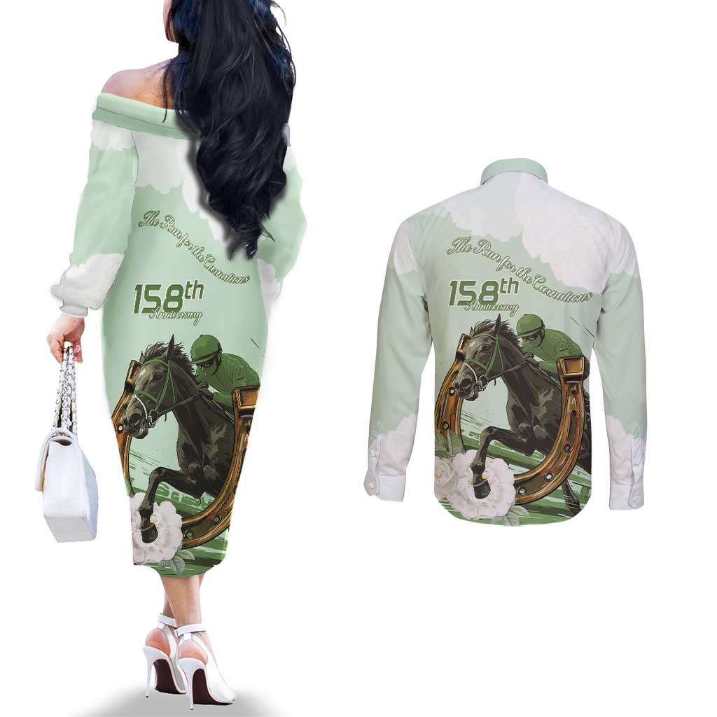 158th Anniversary Belmont Horse Racing Couples Matching Off The Shoulder Long Sleeve Dress and Long Sleeve Button Shirt Run for the Carnations
