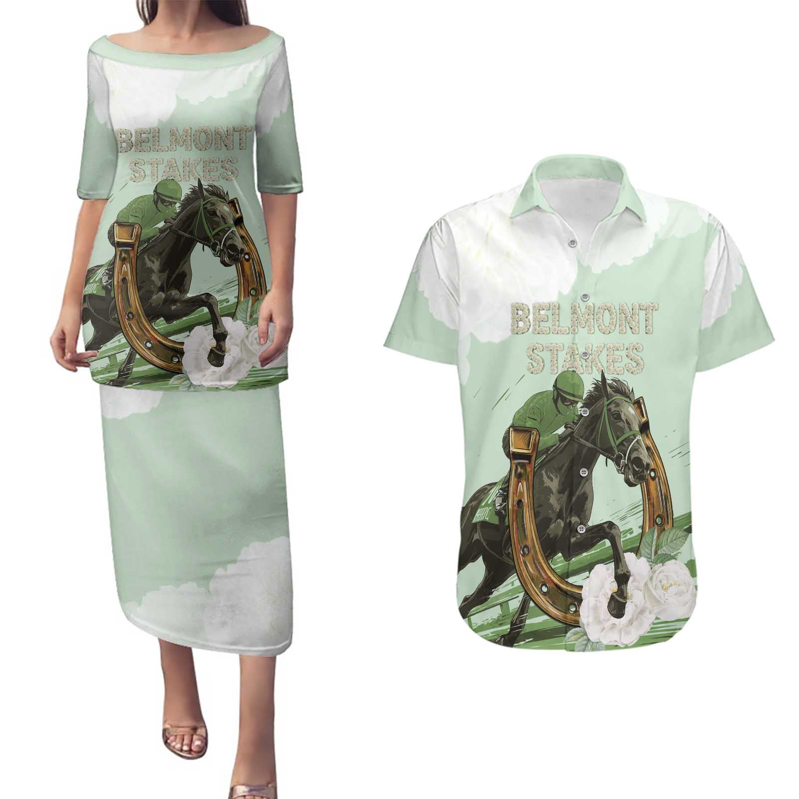 158th Anniversary Belmont Horse Racing Couples Matching Puletasi and Hawaiian Shirt Run for the Carnations