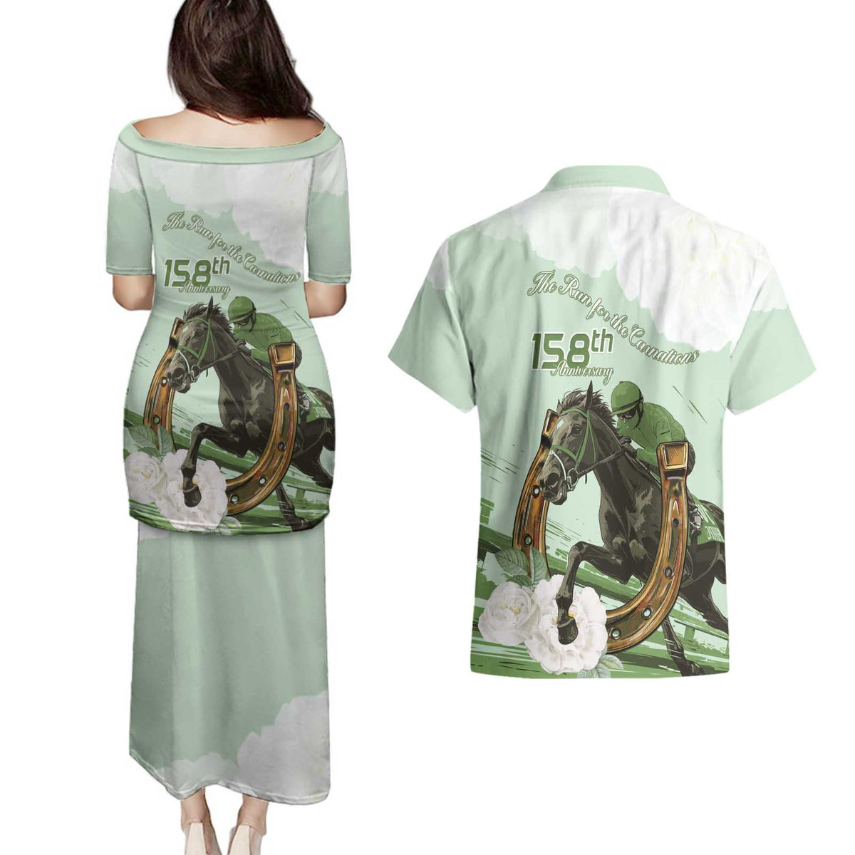 158th Anniversary Belmont Horse Racing Couples Matching Puletasi and Hawaiian Shirt Run for the Carnations